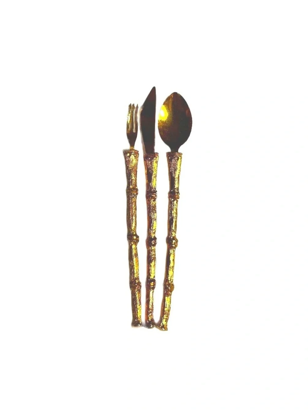 Vintage Gold Tone Bamboo Handle Cocktail Set. 6 Forks, Knives, Spoons